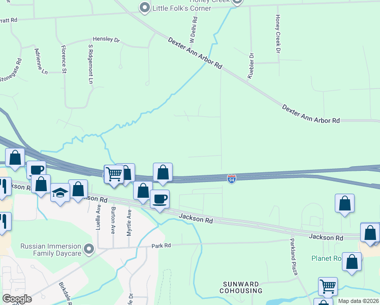map of restaurants, bars, coffee shops, grocery stores, and more near 395 West Delhi Road in Ann Arbor