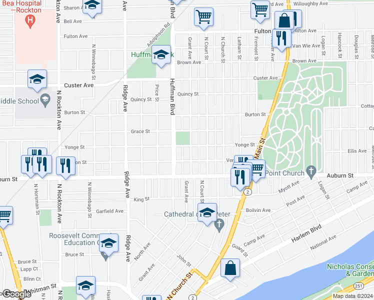 map of restaurants, bars, coffee shops, grocery stores, and more near 1618 Grant Avenue in Rockford