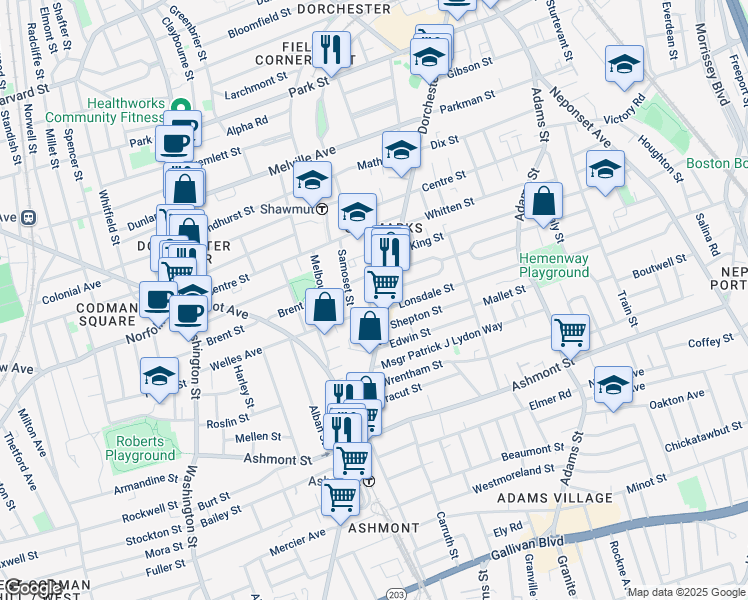 map of restaurants, bars, coffee shops, grocery stores, and more near 10 Roseland Street in Boston