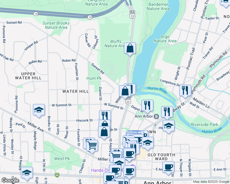 map of restaurants, bars, coffee shops, grocery stores, and more near 212 Brookridge Road in Ann Arbor