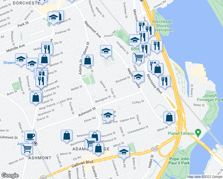 map of restaurants, bars, coffee shops, grocery stores, and more near 1 Arbroth Street in Boston