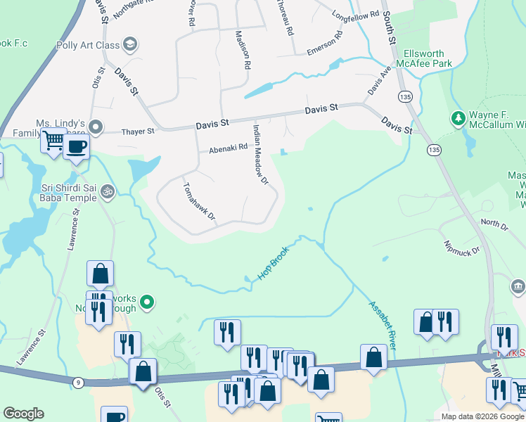 map of restaurants, bars, coffee shops, grocery stores, and more near 50 Indian Meadow Drive in Northborough
