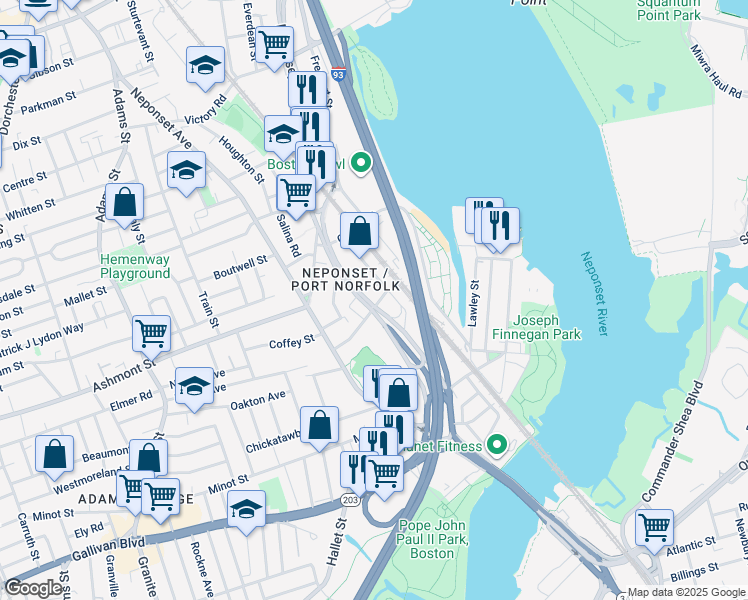 map of restaurants, bars, coffee shops, grocery stores, and more near 20 Norwood Street in Boston