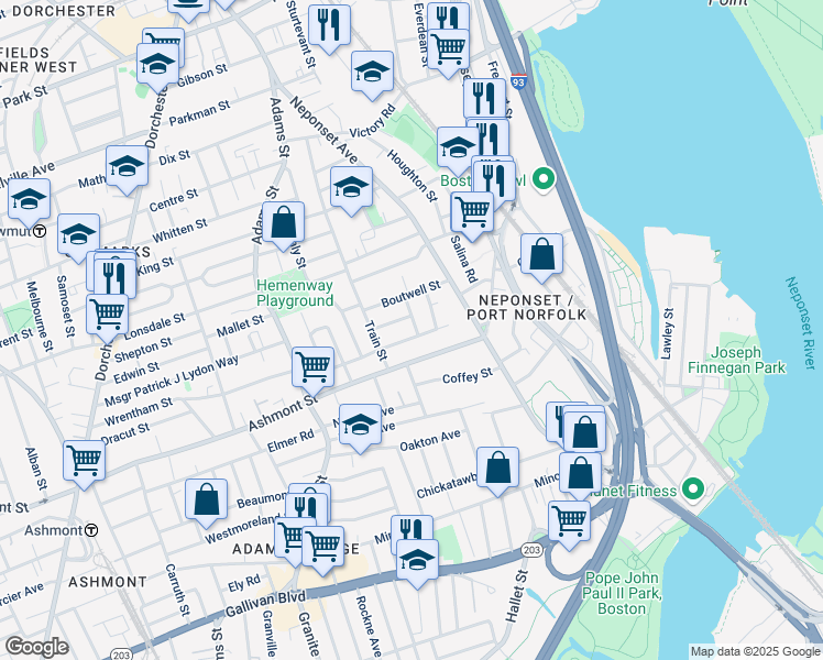 map of restaurants, bars, coffee shops, grocery stores, and more near 40 Boutwell Street in Boston