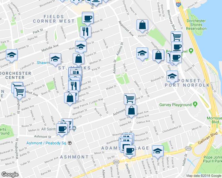 map of restaurants, bars, coffee shops, grocery stores, and more near 107 Lonsdale Street in Boston