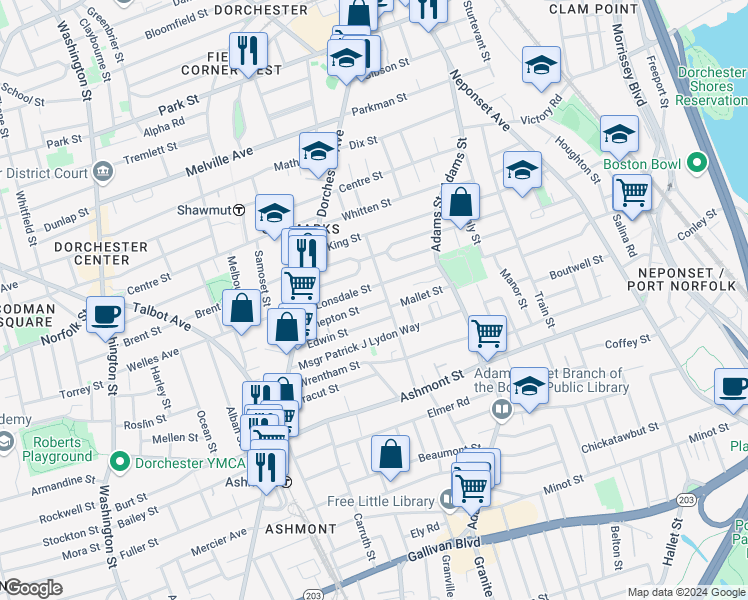 map of restaurants, bars, coffee shops, grocery stores, and more near 76 Lonsdale Street in Boston