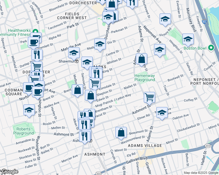 map of restaurants, bars, coffee shops, grocery stores, and more near 47 Semont Road in Boston