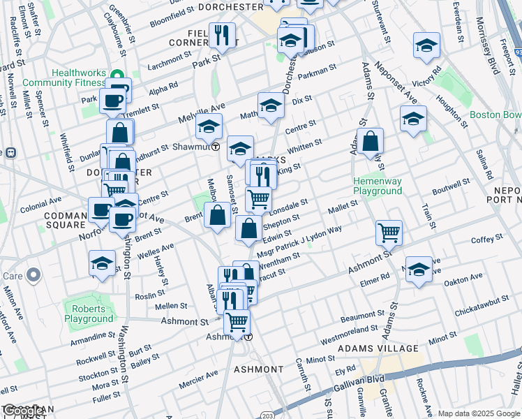 map of restaurants, bars, coffee shops, grocery stores, and more near 1726 Dorchester Avenue in Boston