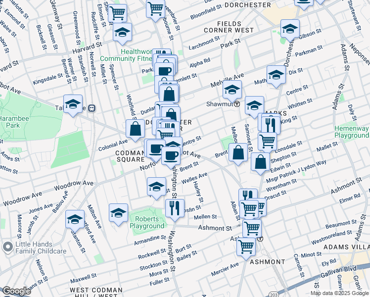 map of restaurants, bars, coffee shops, grocery stores, and more near 38 Centre Street in Boston