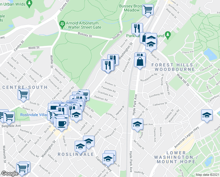 map of restaurants, bars, coffee shops, grocery stores, and more near 14 Bradeen Street in Boston