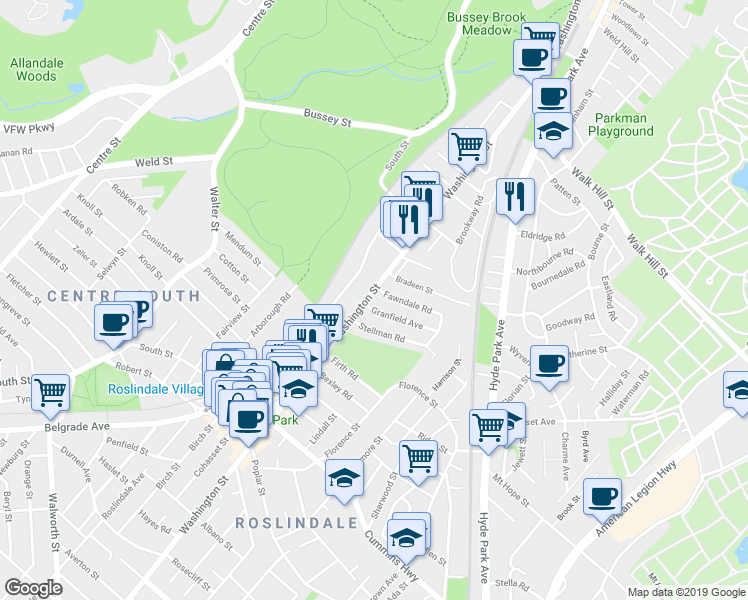 map of restaurants, bars, coffee shops, grocery stores, and more near 4065 Washington Street in Boston