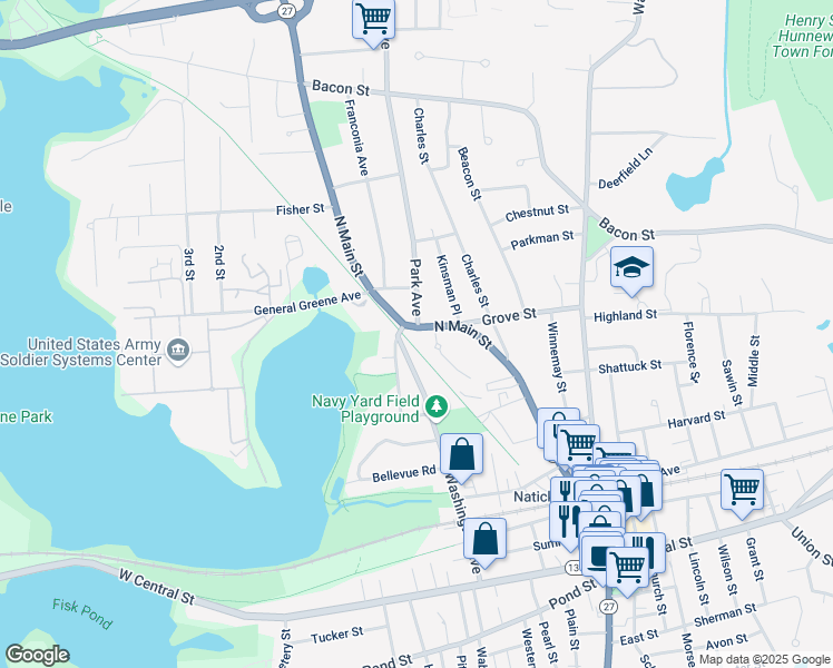 map of restaurants, bars, coffee shops, grocery stores, and more near 6 Park Avenue in Natick