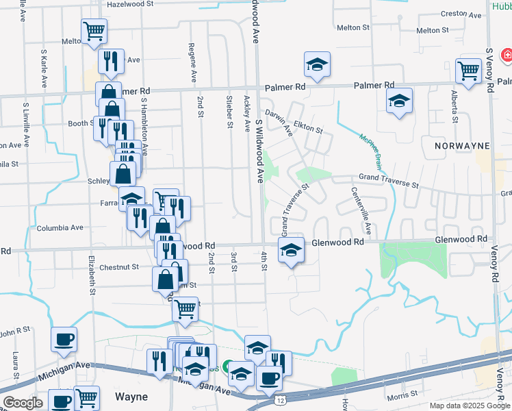 map of restaurants, bars, coffee shops, grocery stores, and more near 2464 Ackley Avenue in Westland