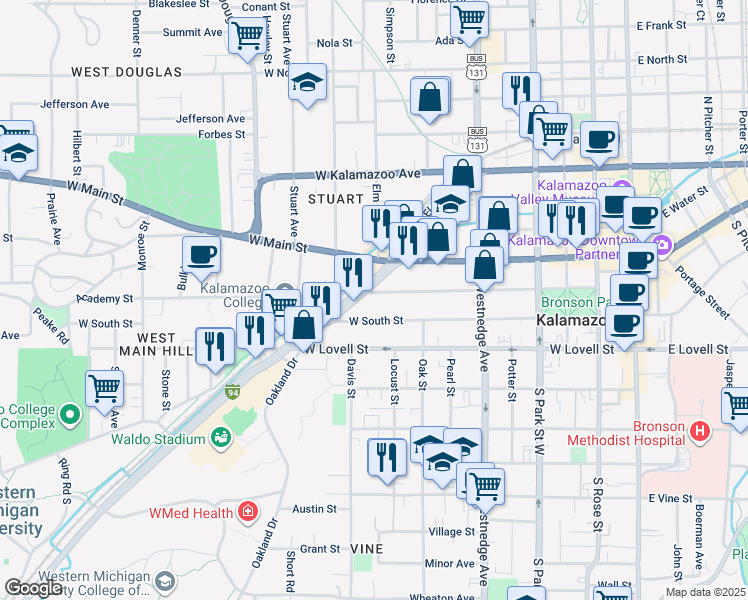 map of restaurants, bars, coffee shops, grocery stores, and more near 785 West Main Street in Kalamazoo