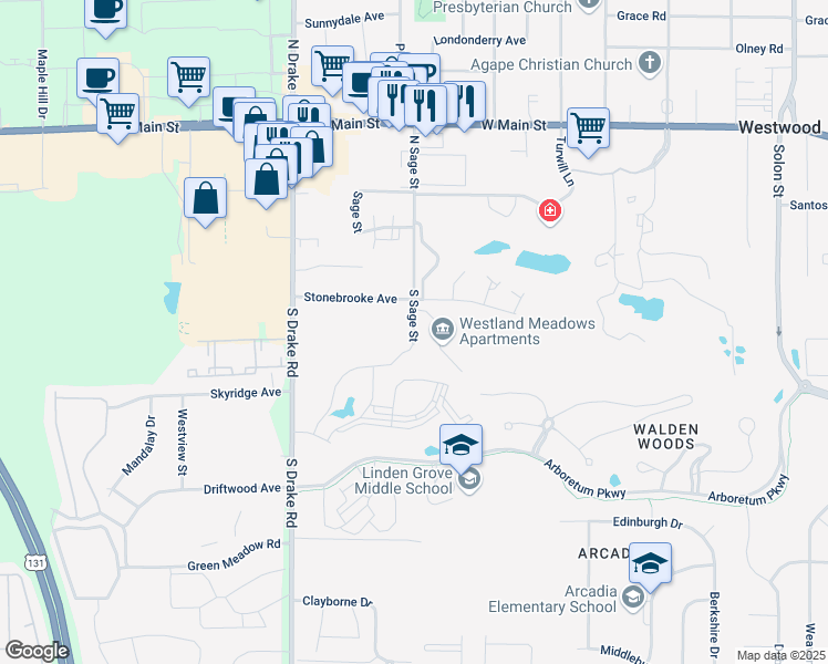 map of restaurants, bars, coffee shops, grocery stores, and more near 4401 Stonebrooke Avenue in Kalamazoo