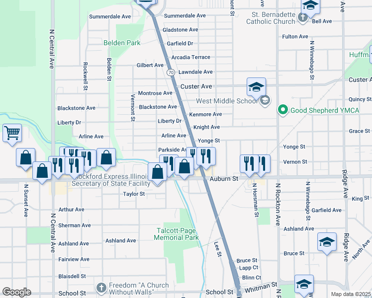 map of restaurants, bars, coffee shops, grocery stores, and more near 1724 Kilburn Avenue in Rockford