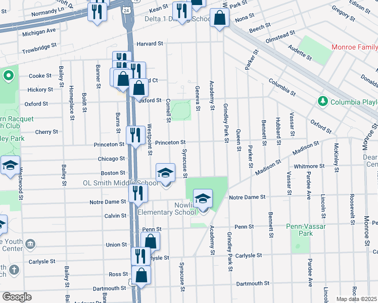 map of restaurants, bars, coffee shops, grocery stores, and more near 2855 Syracuse Street in Dearborn