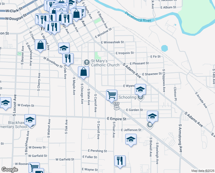 map of restaurants, bars, coffee shops, grocery stores, and more near 825 South Liberty Avenue in Freeport
