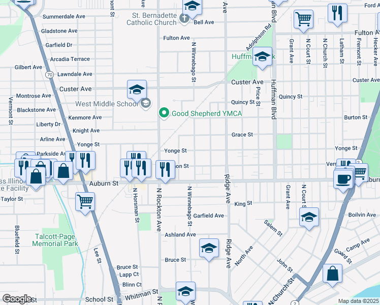 map of restaurants, bars, coffee shops, grocery stores, and more near 1718 North Winnebago Street in Rockford