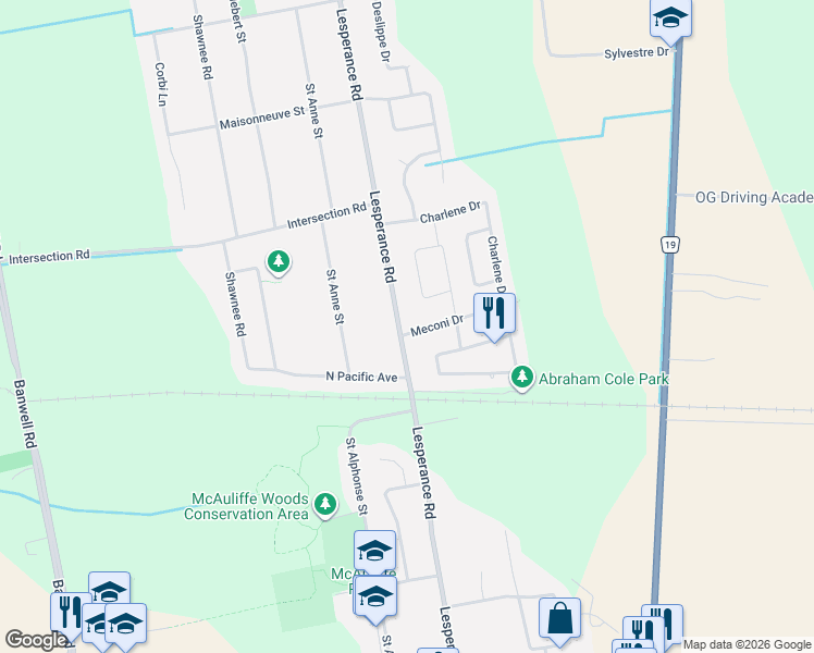 map of restaurants, bars, coffee shops, grocery stores, and more near 2056 Lesperance Road in Windsor