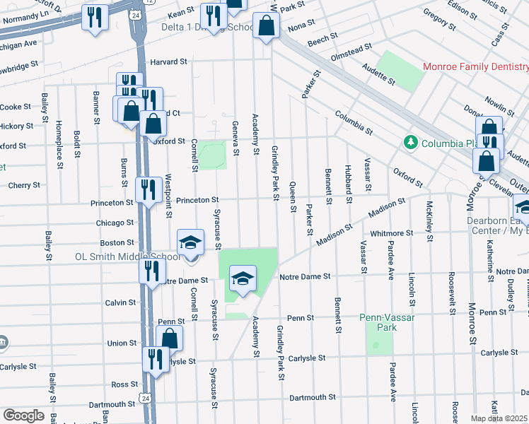 map of restaurants, bars, coffee shops, grocery stores, and more near 2850 Grindley Park Street in Dearborn