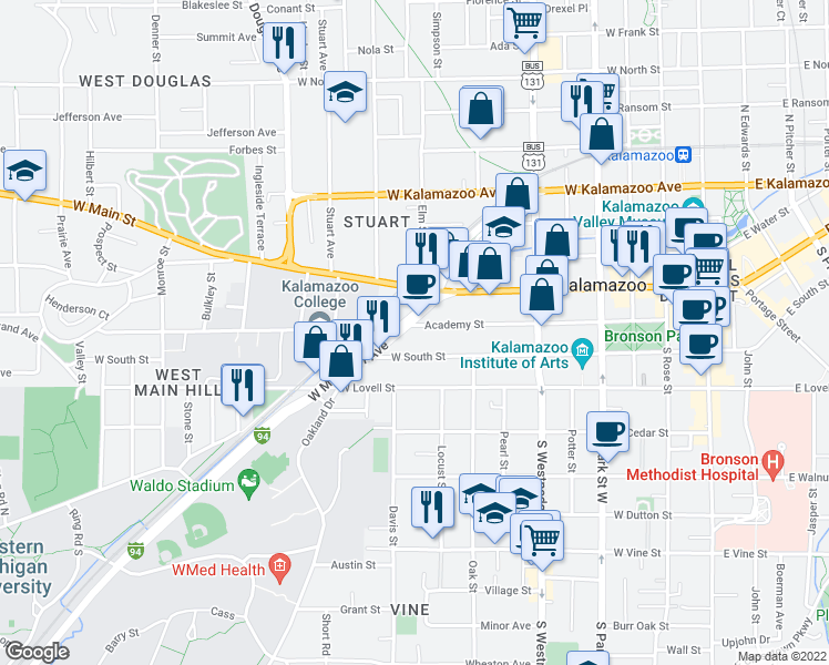 map of restaurants, bars, coffee shops, grocery stores, and more near 755 Academy Street in Kalamazoo