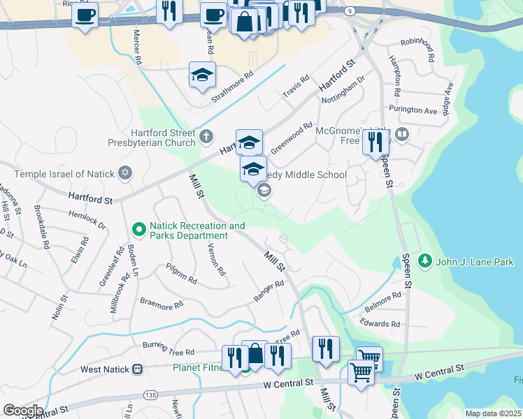 map of restaurants, bars, coffee shops, grocery stores, and more near 165 Mill Street in Natick