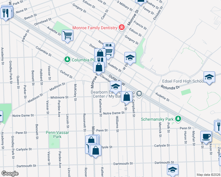 map of restaurants, bars, coffee shops, grocery stores, and more near 21110 West Outer Drive in Dearborn