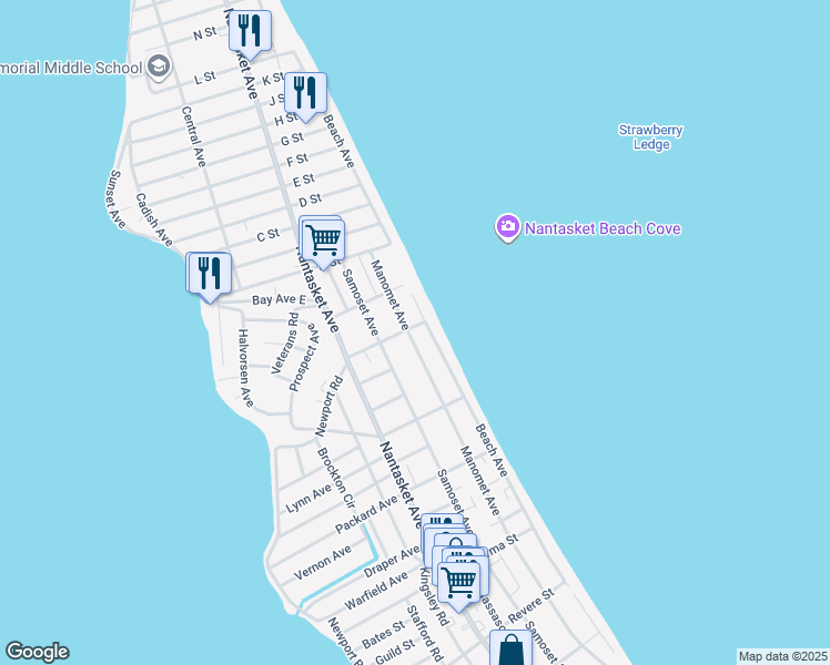 map of restaurants, bars, coffee shops, grocery stores, and more near 159 Beach Avenue in Hull