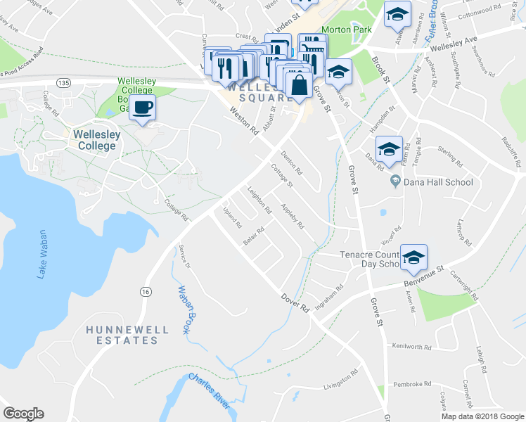map of restaurants, bars, coffee shops, grocery stores, and more near 21 Leighton Road in Wellesley