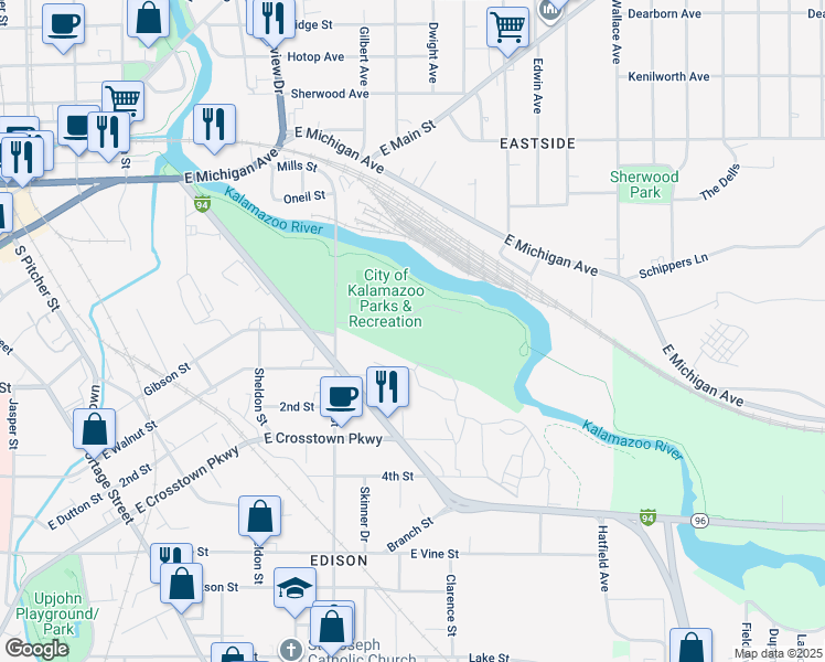 map of restaurants, bars, coffee shops, grocery stores, and more near 251 Mills Street in Kalamazoo