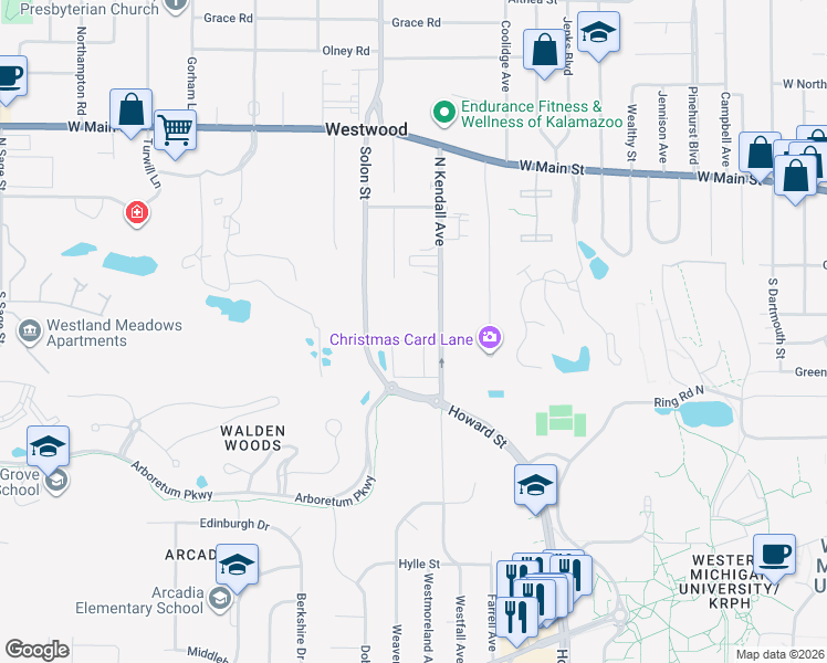 map of restaurants, bars, coffee shops, grocery stores, and more near 222 South Kendall Avenue in Kalamazoo