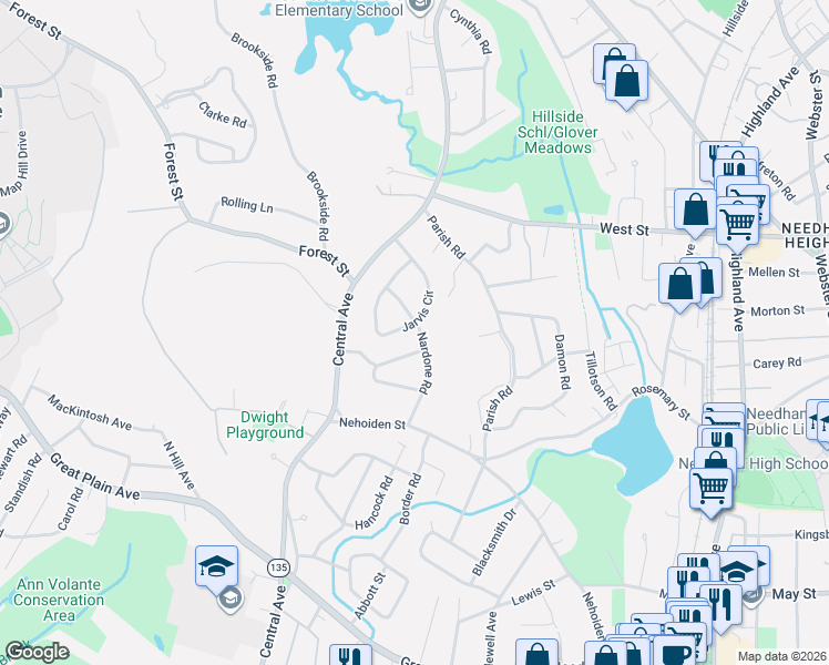 map of restaurants, bars, coffee shops, grocery stores, and more near 66 Jarvis Circle in Needham