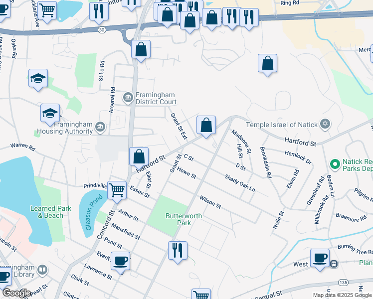 map of restaurants, bars, coffee shops, grocery stores, and more near 391 Grant Street in Framingham