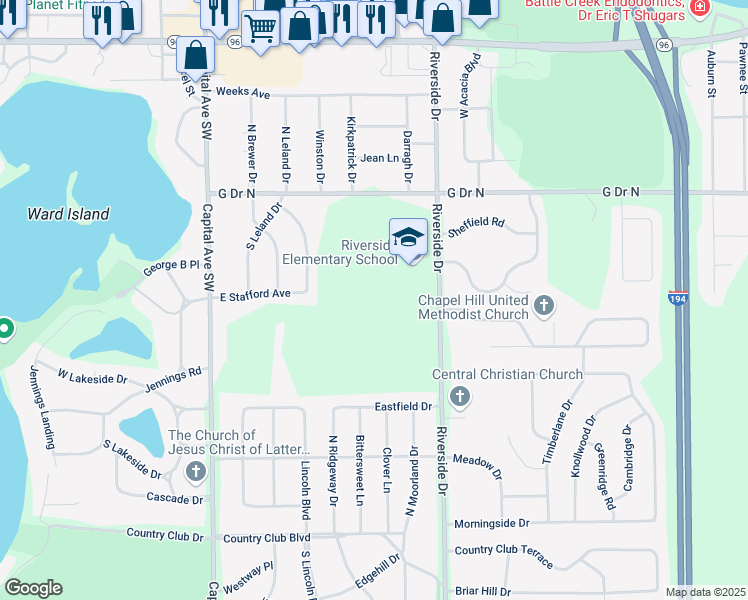 map of restaurants, bars, coffee shops, grocery stores, and more near 650 Riverside Drive in Battle Creek