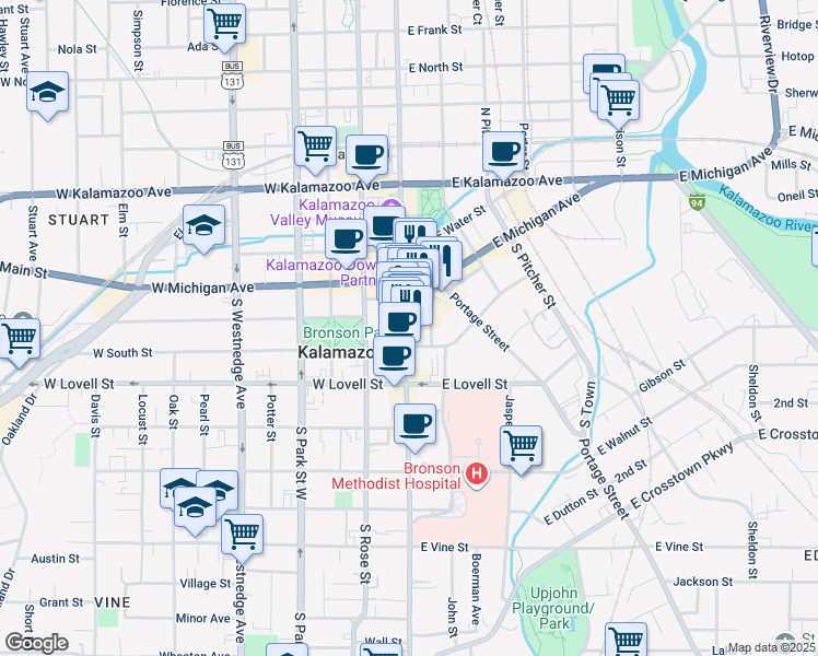 map of restaurants, bars, coffee shops, grocery stores, and more near 143 Farmers Alley in Kalamazoo