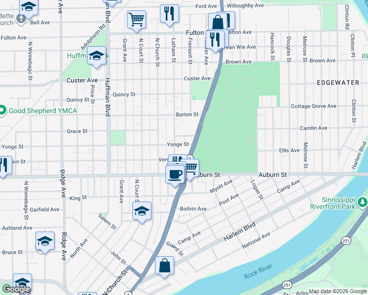 map of restaurants, bars, coffee shops, grocery stores, and more near 1326 Wagner Avenue in Rockford