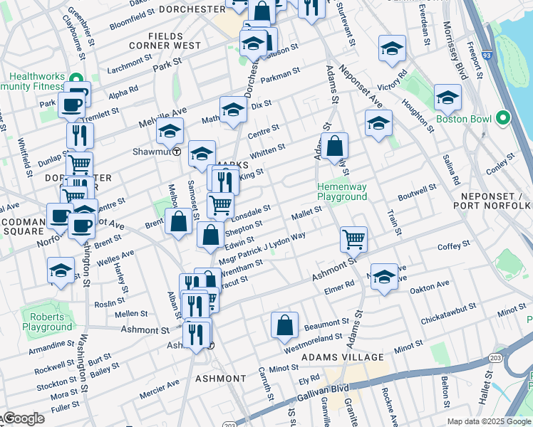 map of restaurants, bars, coffee shops, grocery stores, and more near 47 Semont Road in Boston