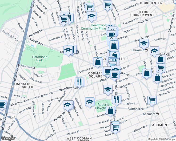 map of restaurants, bars, coffee shops, grocery stores, and more near 145 Millet Street in Boston
