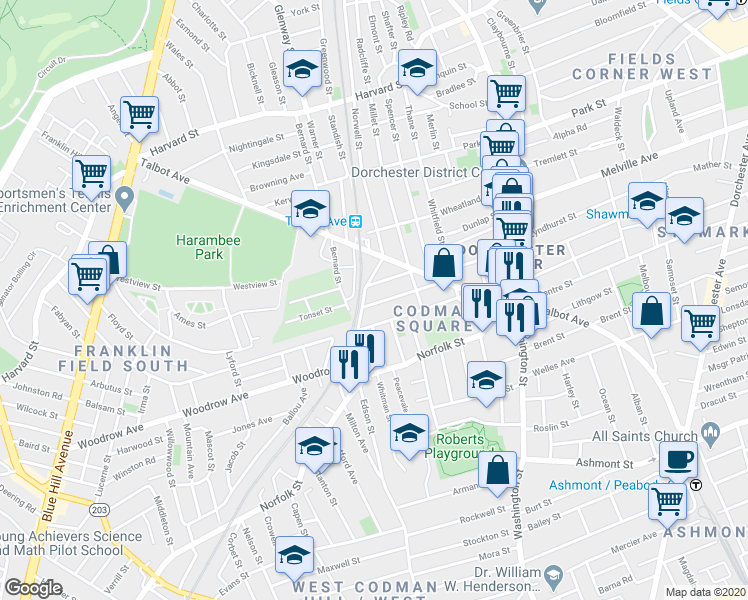 map of restaurants, bars, coffee shops, grocery stores, and more near 18-20 New England Avenue in Boston