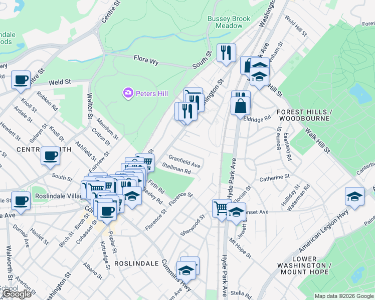 map of restaurants, bars, coffee shops, grocery stores, and more near 14 Bradeen Street in Boston