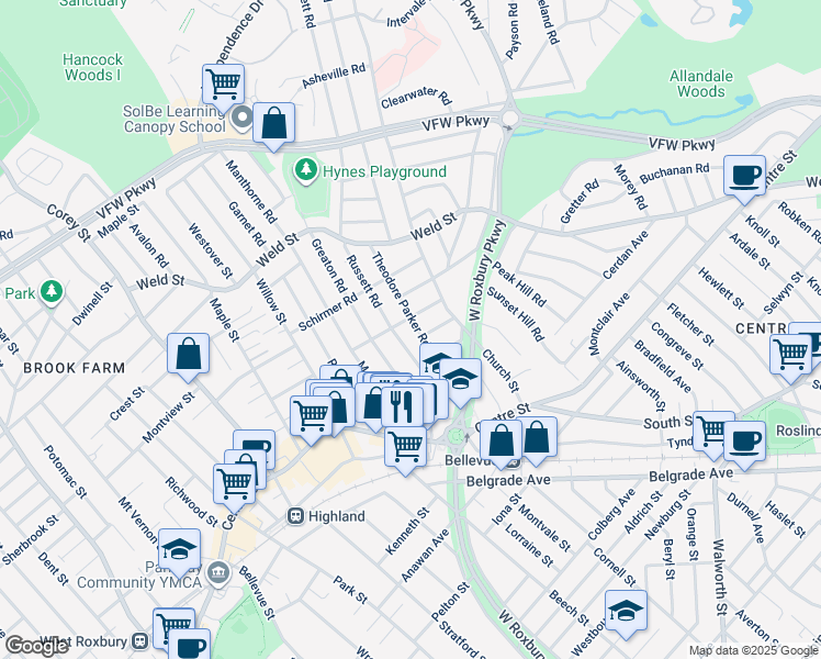 map of restaurants, bars, coffee shops, grocery stores, and more near 25 Pierpont Road in Boston
