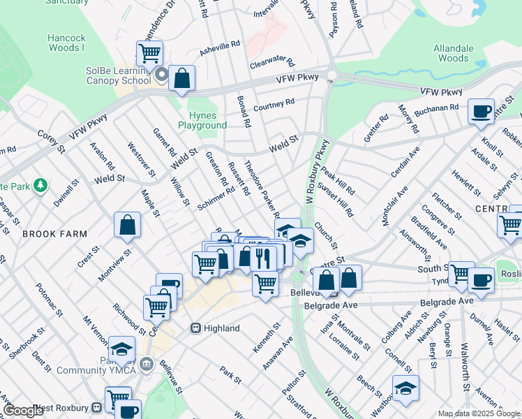 map of restaurants, bars, coffee shops, grocery stores, and more near 25 Pierpont Road in Boston