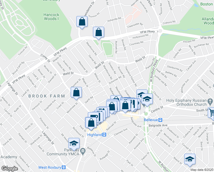 map of restaurants, bars, coffee shops, grocery stores, and more near 126 Redlands Road in Boston