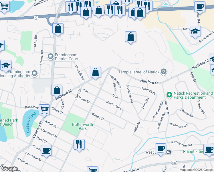 map of restaurants, bars, coffee shops, grocery stores, and more near 20 Bishop Street in Natick