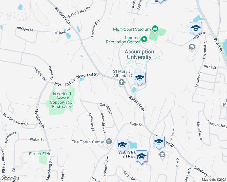 map of restaurants, bars, coffee shops, grocery stores, and more near 5 Flower Hill Drive in Worcester