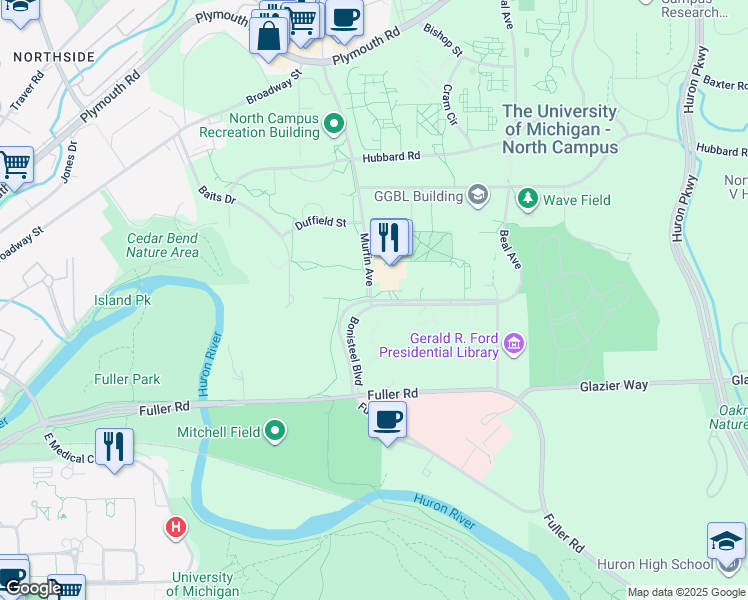 map of restaurants, bars, coffee shops, grocery stores, and more near 2101 Bonisteel Boulevard in Ann Arbor