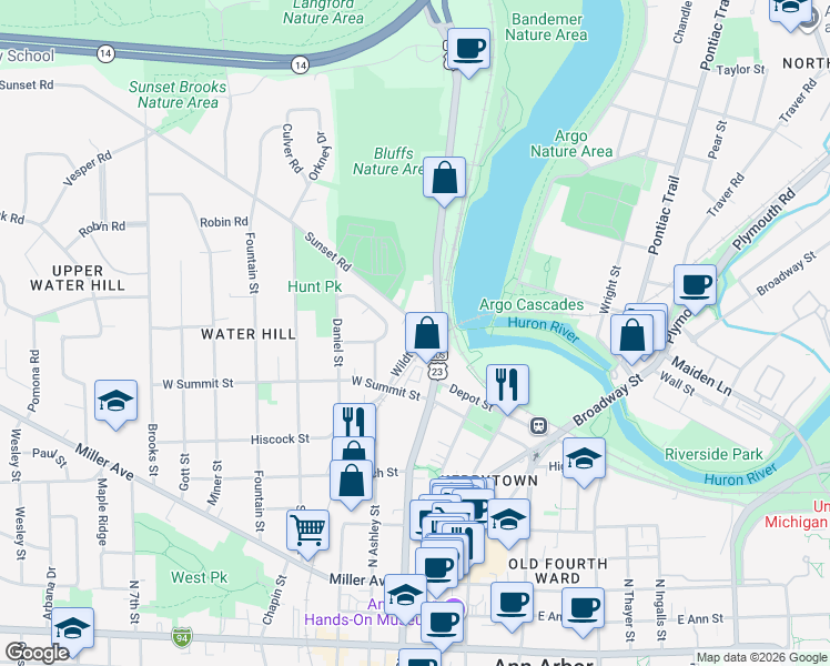 map of restaurants, bars, coffee shops, grocery stores, and more near 220 Sunset Road in Ann Arbor
