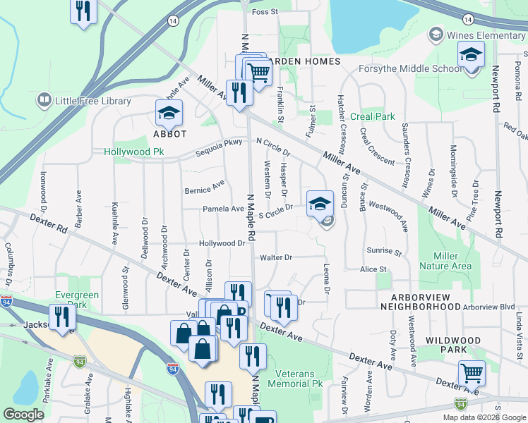 map of restaurants, bars, coffee shops, grocery stores, and more near 1024 Western Drive in Ann Arbor