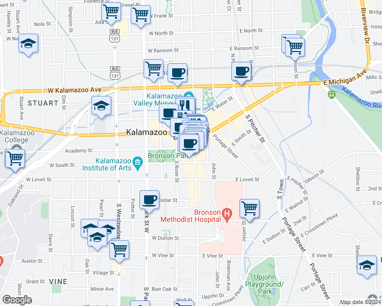 map of restaurants, bars, coffee shops, grocery stores, and more near 125 West Exchange Place in Kalamazoo